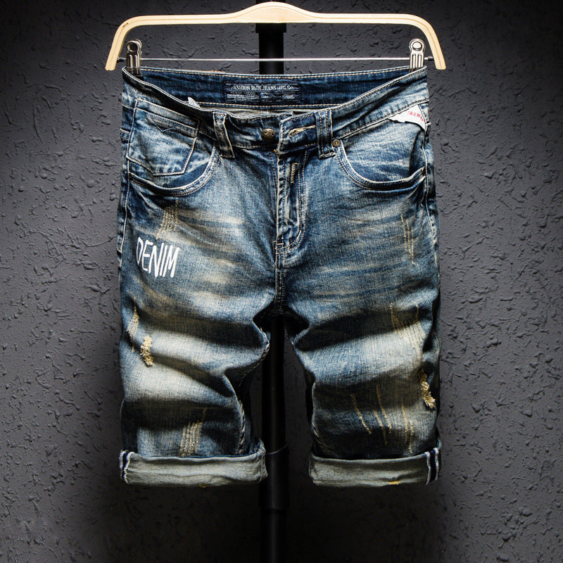 Ripped Denim Shorts Men's Korean Casual Straight Five-point Pants