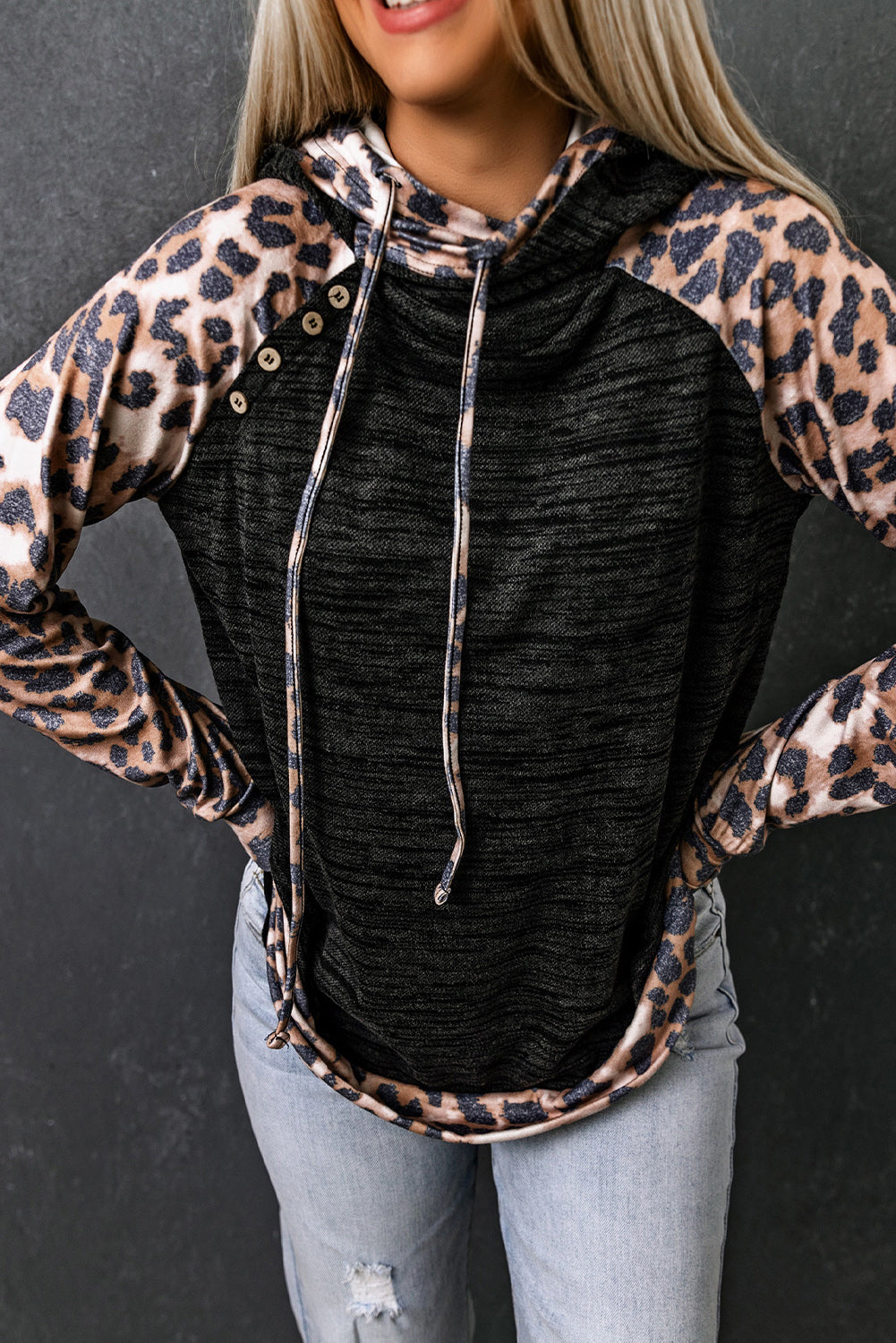 Grey Brushed Casual Leopard Patchwork Drawstring Hoodie - Babbazon Sweatshirts & Hoodies