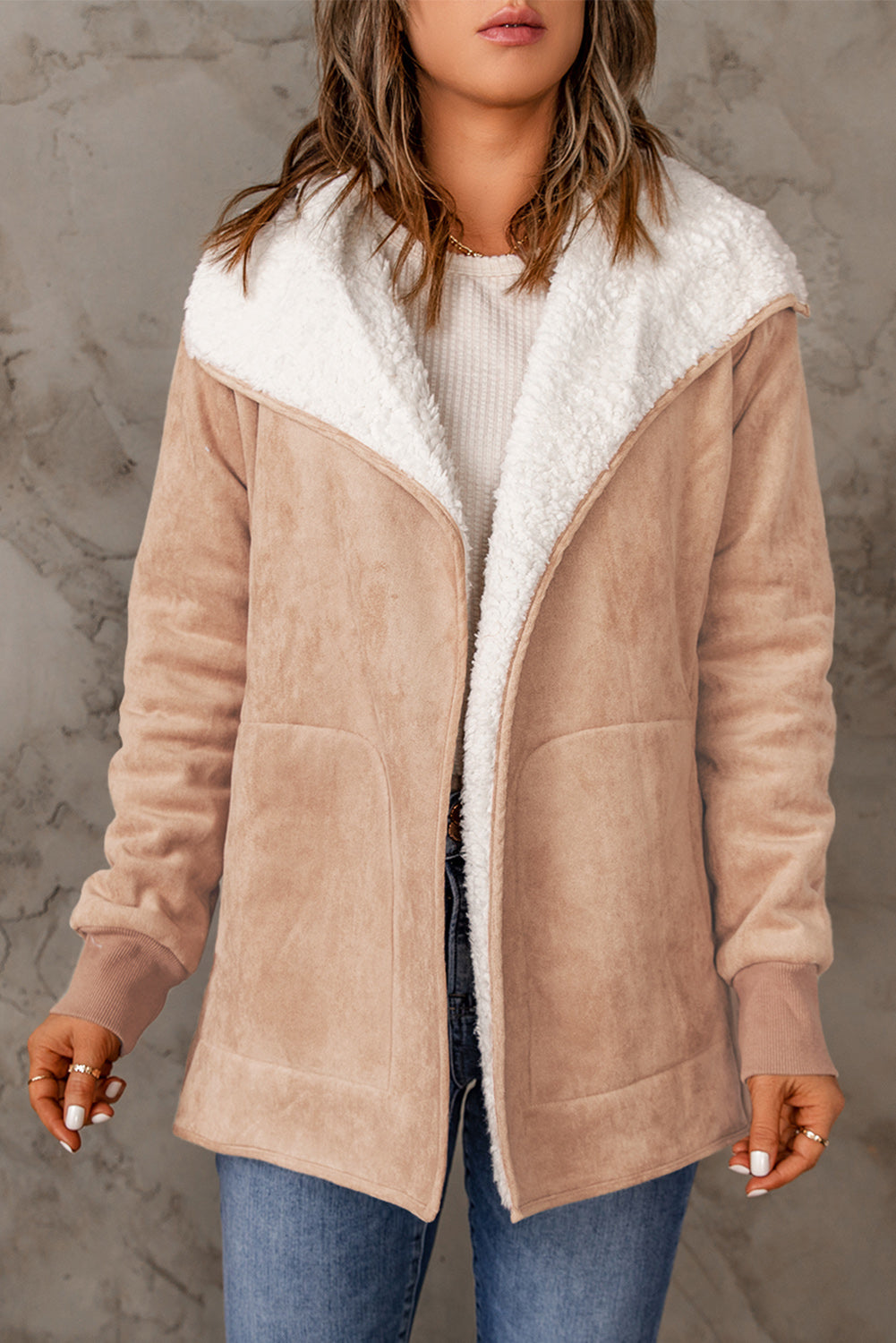 Open Front Long Sleeve Sherpa Jacket with Pockets - Babbazon Jacket