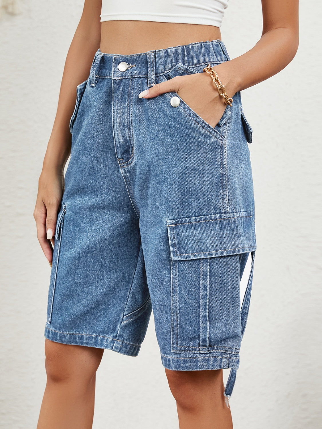 High Waist Denim Shorts with Pockets 