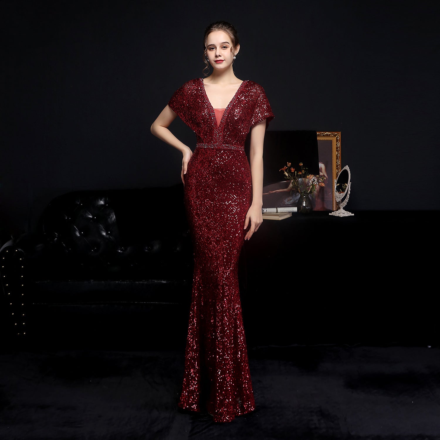 Women's Sequin Fishtail Banquet Elegant V-neck Dress