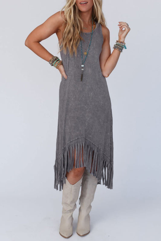 Gray Washed Sleeveless Fringe High Low Hem Maxi Dress - Babbazon Maxi Dresses