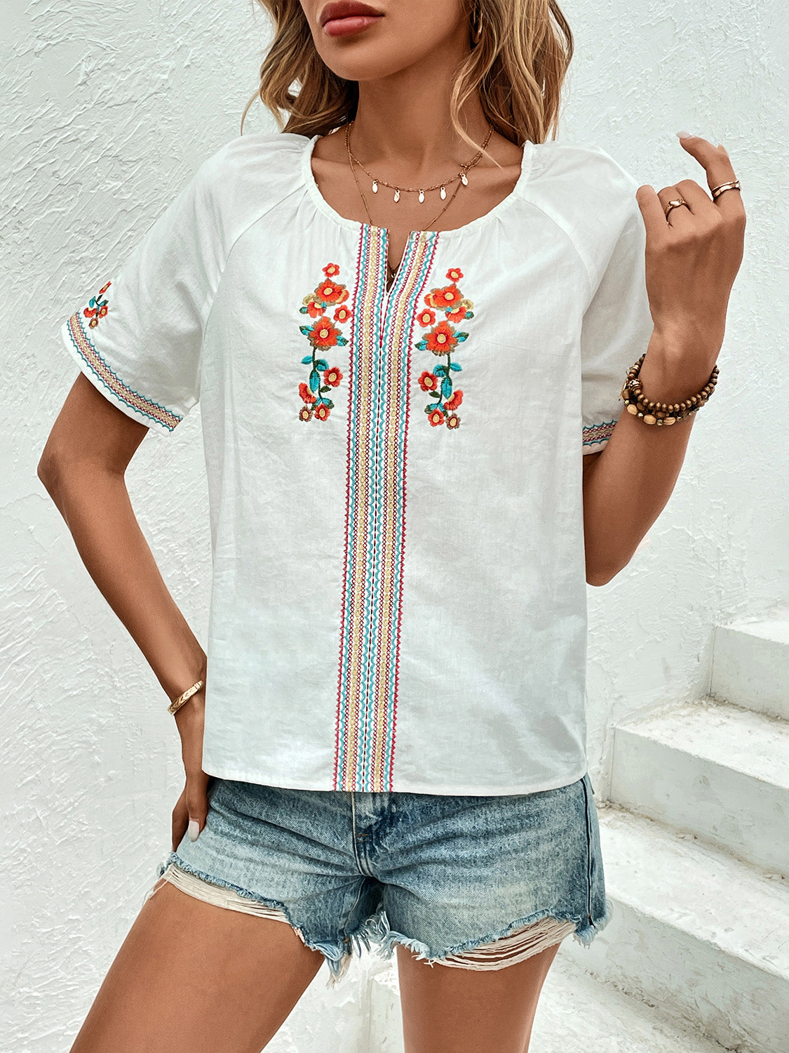 Embroidered Notched Short Sleeve Blouse - Babbazon New Products