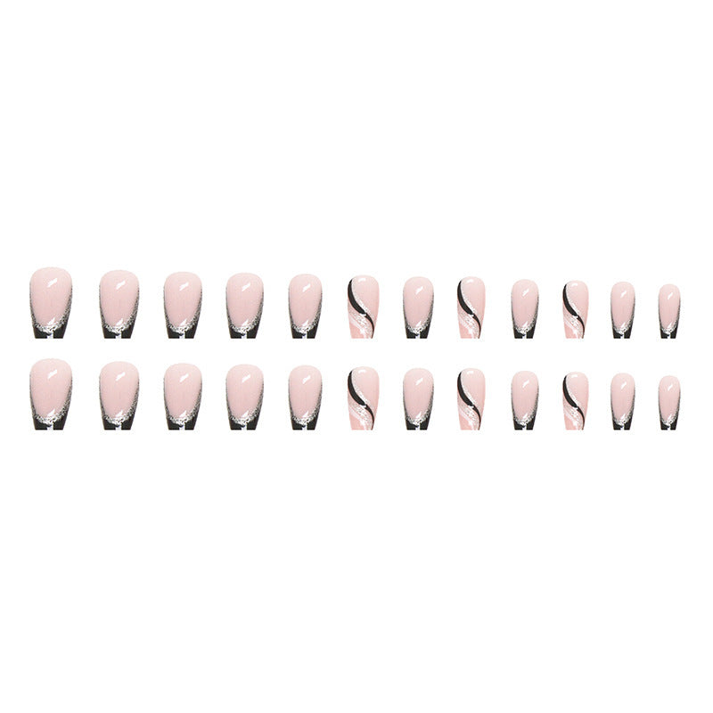 Mid-length Square Black Glitter French Nail Sticker