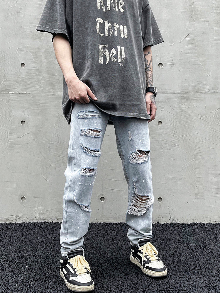 Distressed Slim-fit Jeans With Ripped Holes And Knife Cut With Splash Ink