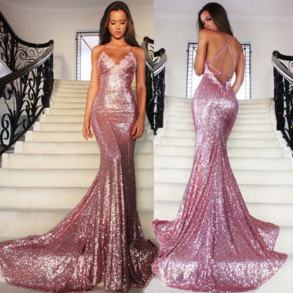 Sexy Halter Sequin V-neck Fishtail Evening Dress