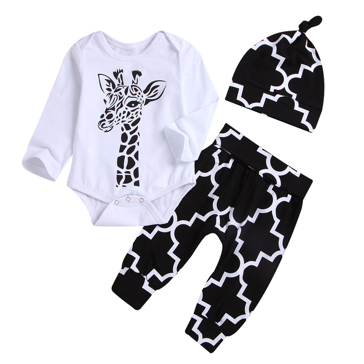 Children's Giraffe Print Crew Neck Romper Hat Three Piece Set