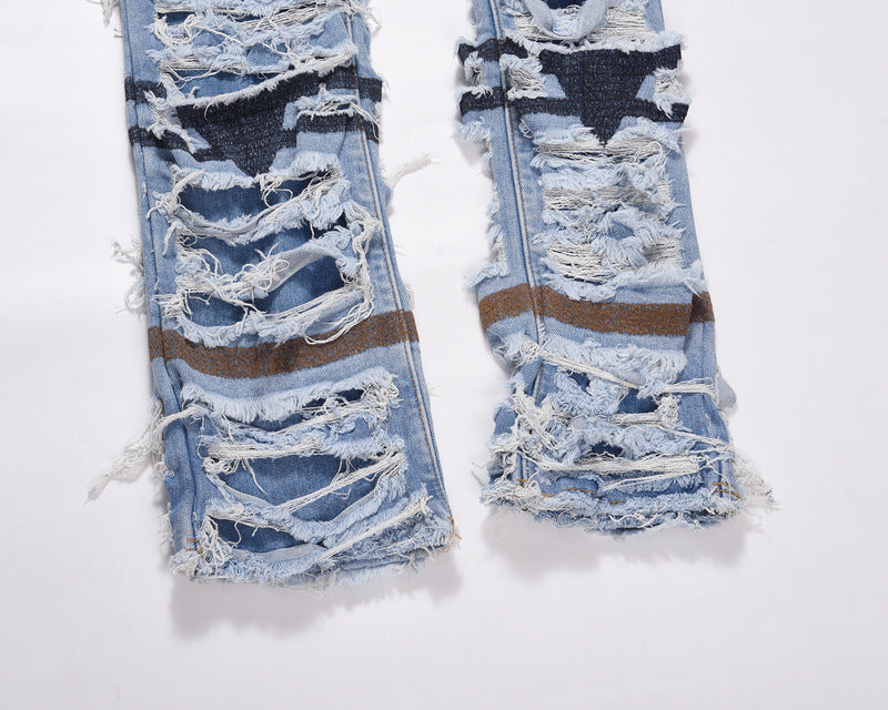 Vintage Wash Distressed Ripped Knee Lined Jeans