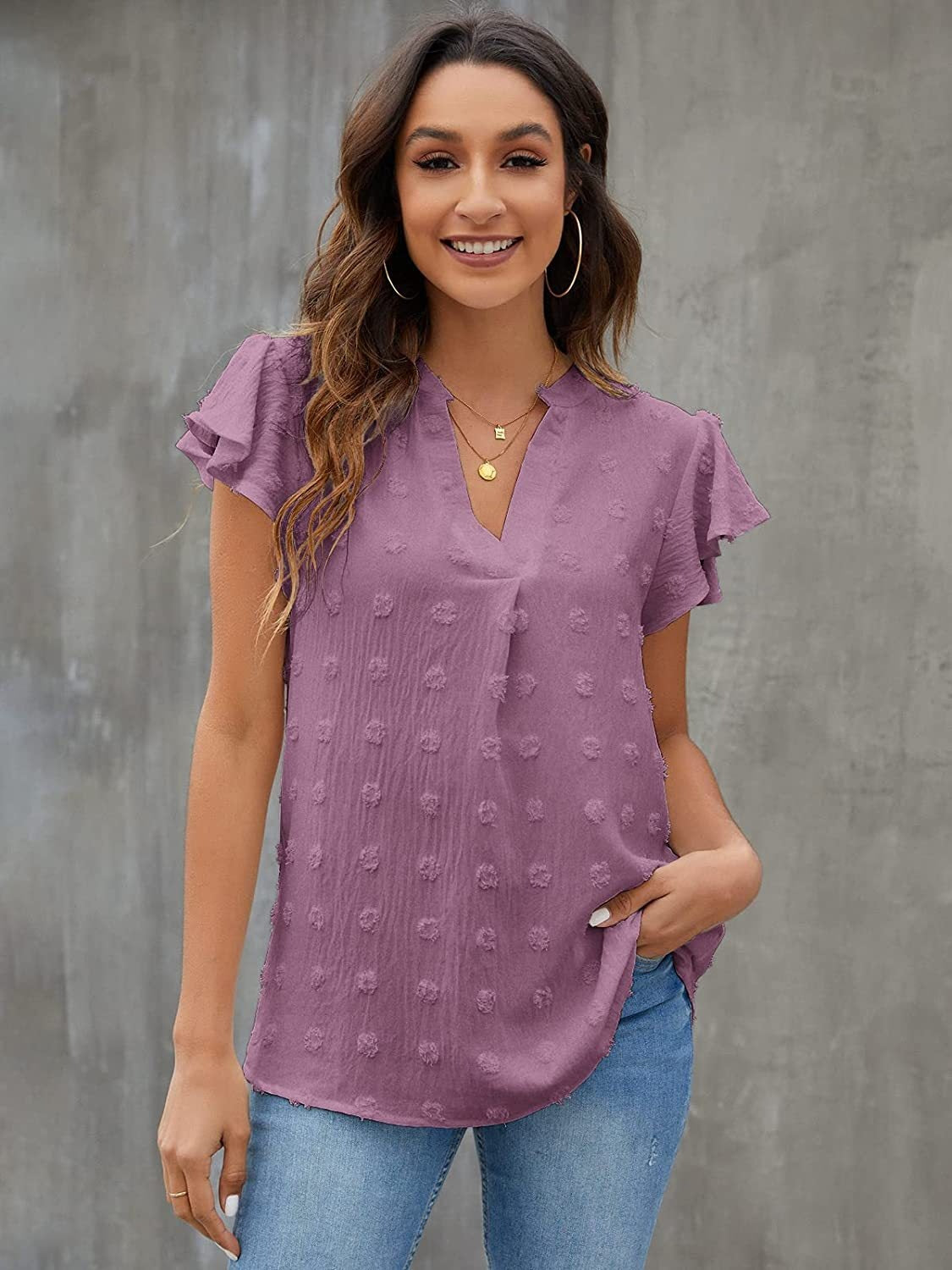 Swiss Dot Notched Flutter Sleeve Blouse - Babbazon new