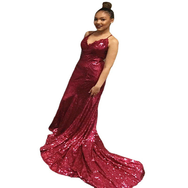 Sexy Halter Sequin V-neck Fishtail Evening Dress