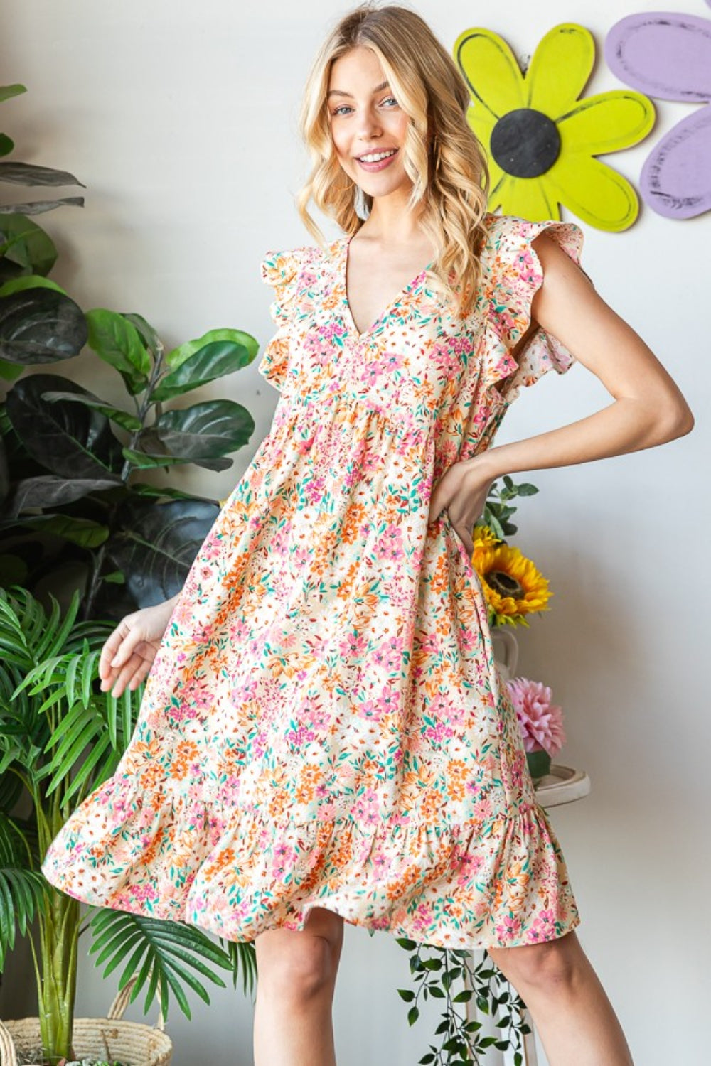 Heimish Full Size Floral Ruffled V-Neck Dress - Babbazon New Products