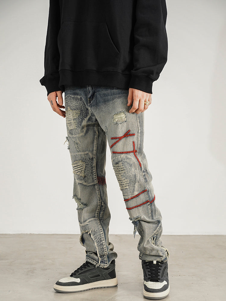 Patched Red Line Straight-leg Jeans