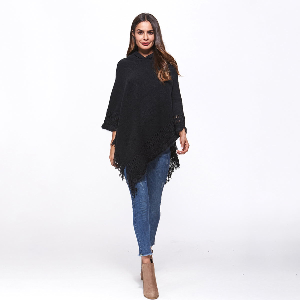 Openwork Fringe Hem Hooded Poncho 