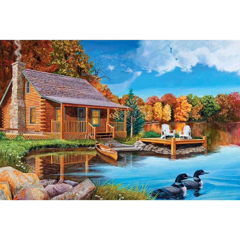 Diamond Painting Cottage Landscape Theme, Wall Stickers, 5D Embroidery, Cross Stitch, Mosaic, Autumn