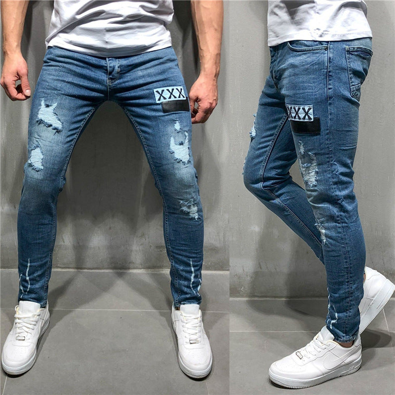 Men hip hop high-end quality tight slim ripped leg pants men