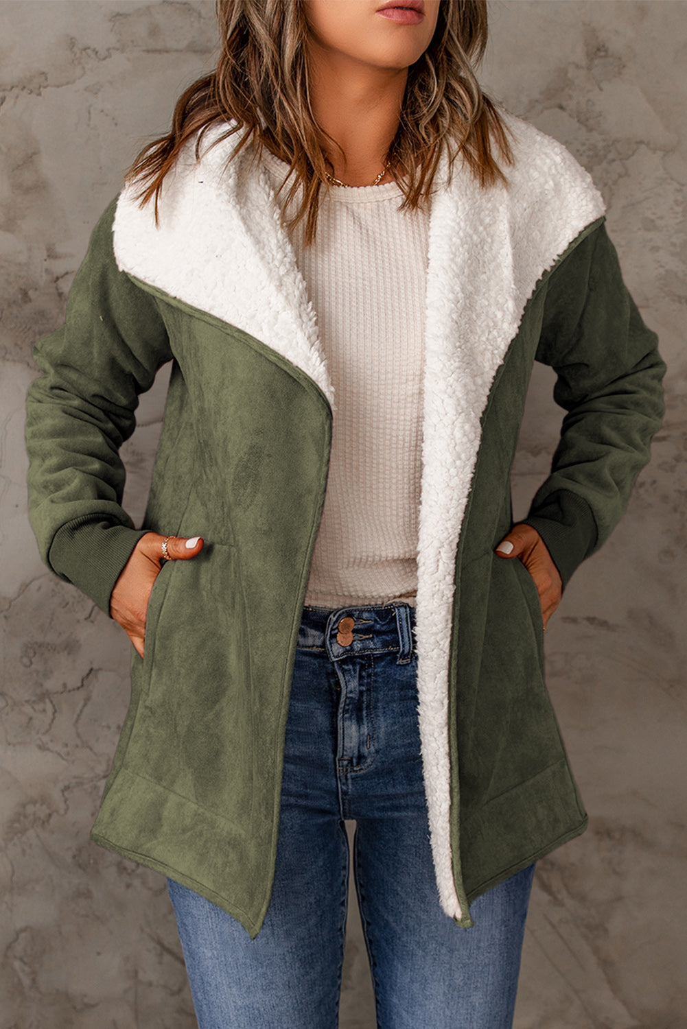 Open Front Long Sleeve Sherpa Jacket with Pockets - Babbazon Jacket