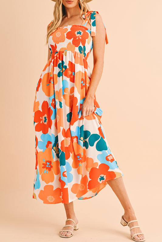 Orange 60s Floral Printed Shoulder Tie Smocked Maxi Dress - Babbazon Maxi Dresses