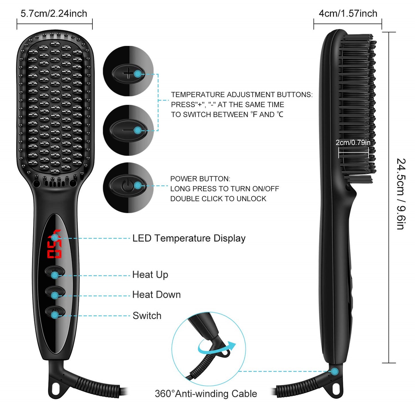 2 in1 Hair Straightener Brush Heating Beard Clip Comb Styler Electric Ionic Straightening Brush 