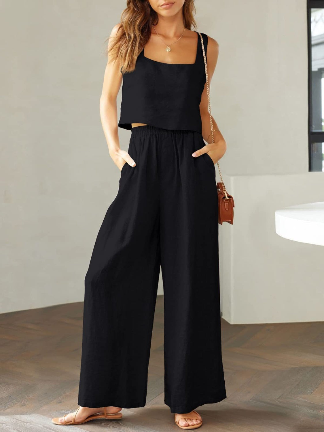 Square Neck Top and Wide Leg Pants Set - Babbazon jumpsuit