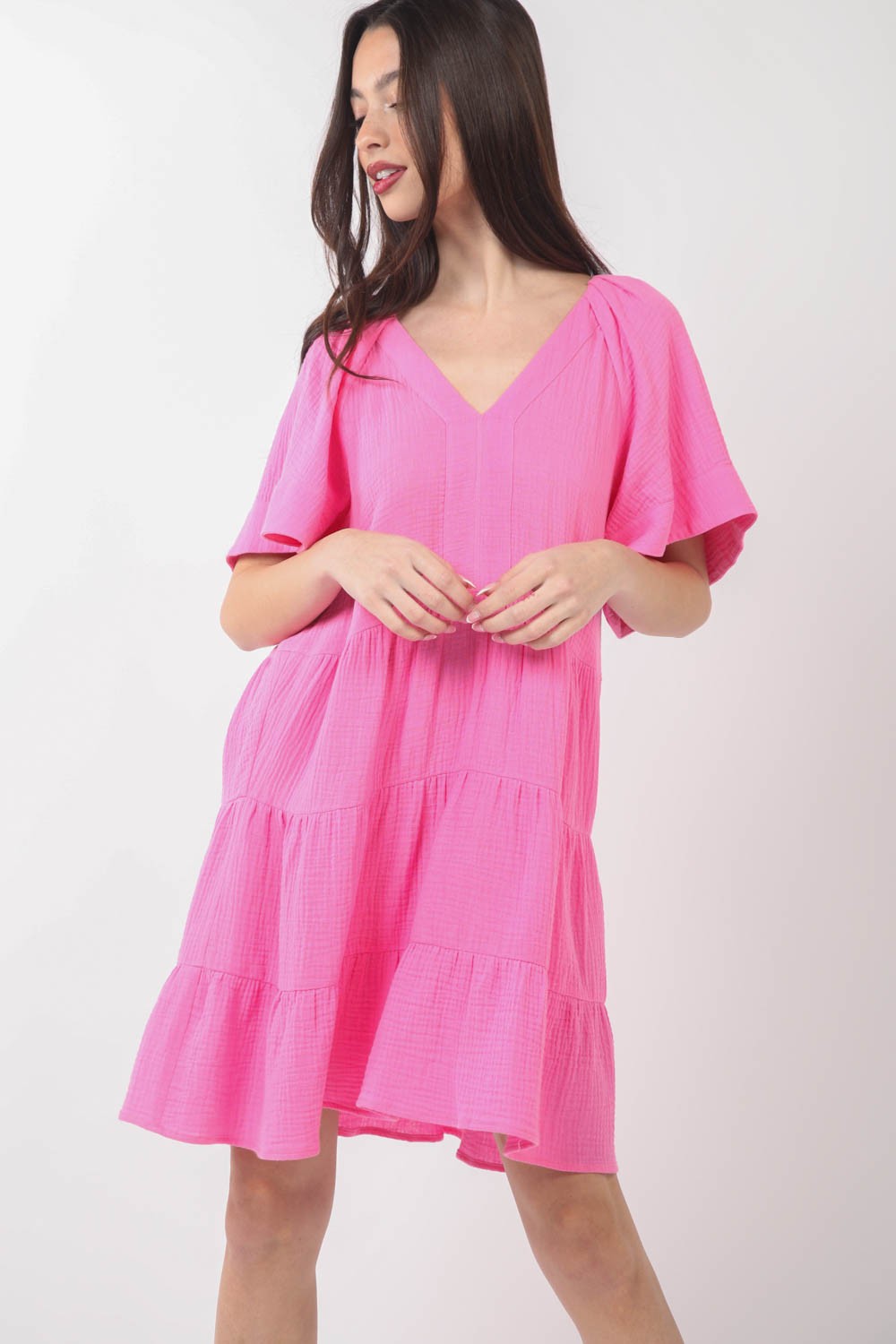 VERY J Texture V-Neck Ruffled Tiered Dress 