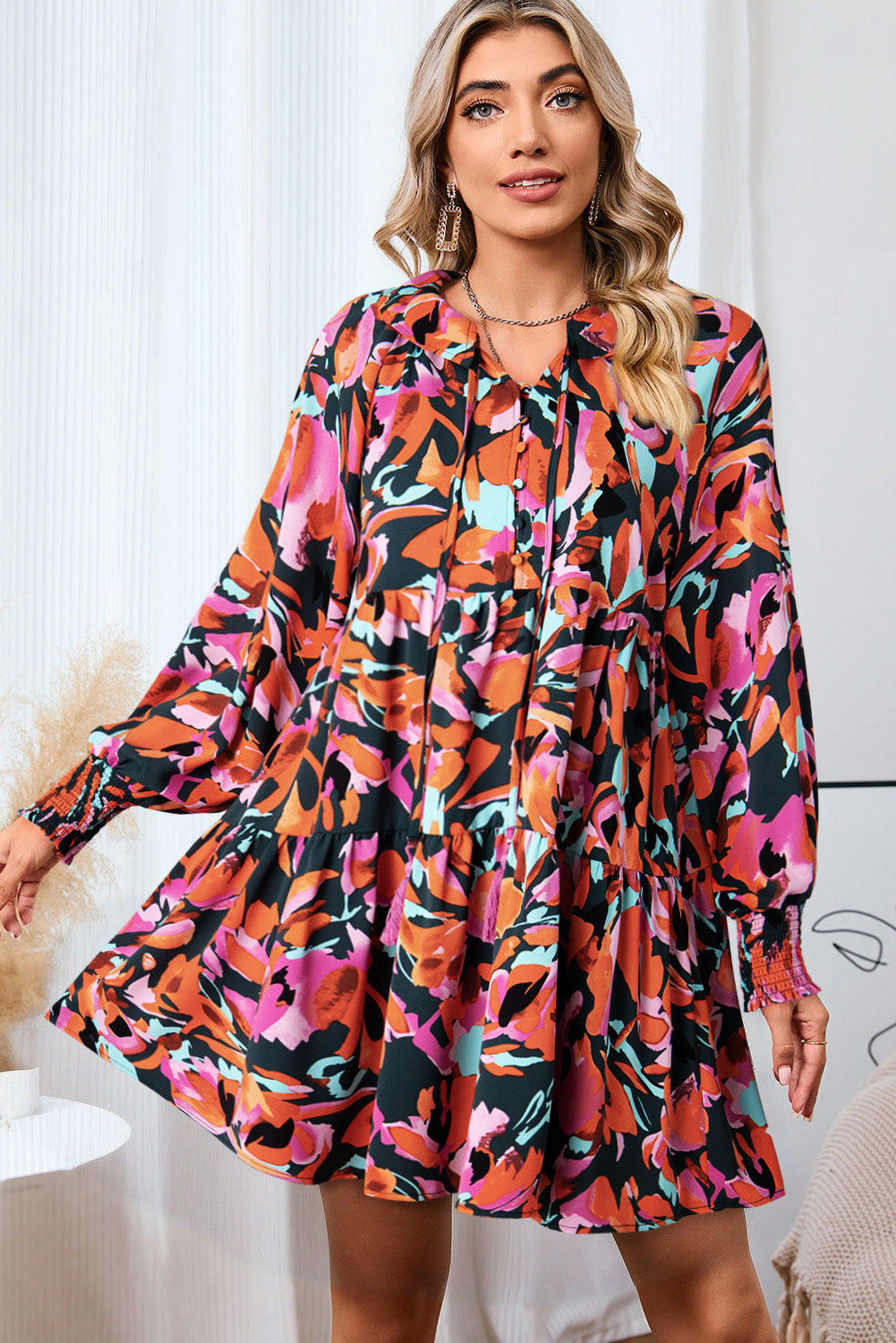 Printed Tie Neck Lantern Sleeve Mini Dress 