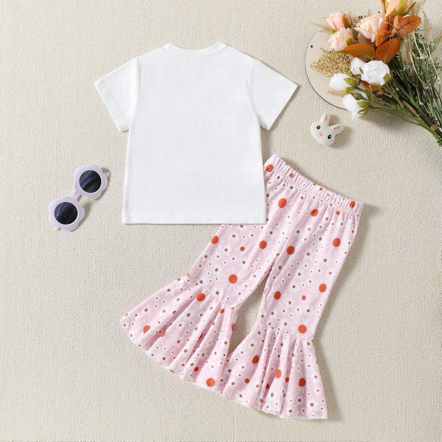 New Children's Flower Print Short Sleeve Bell-bottom Pants Summer Suit