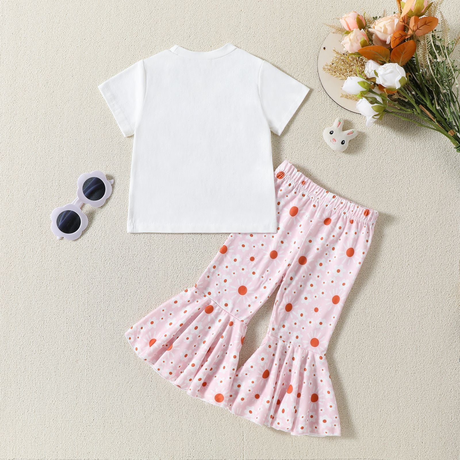 New Children's Flower Print Short Sleeve Bell-bottom Pants Summer Suit