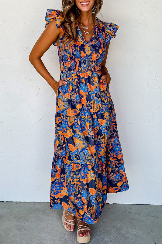 Dark Blue Boho Floral V Neck Ruffle Tiered Long Dress - Babbazon Maxi Dresses