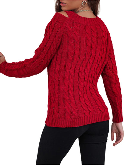 Honey Cable-Knit V-Neck Cold Shoulder Sweater