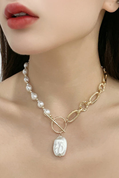 5-Piece Wholesale Half Pearl Half Chain Toggle Clasp Necklace 