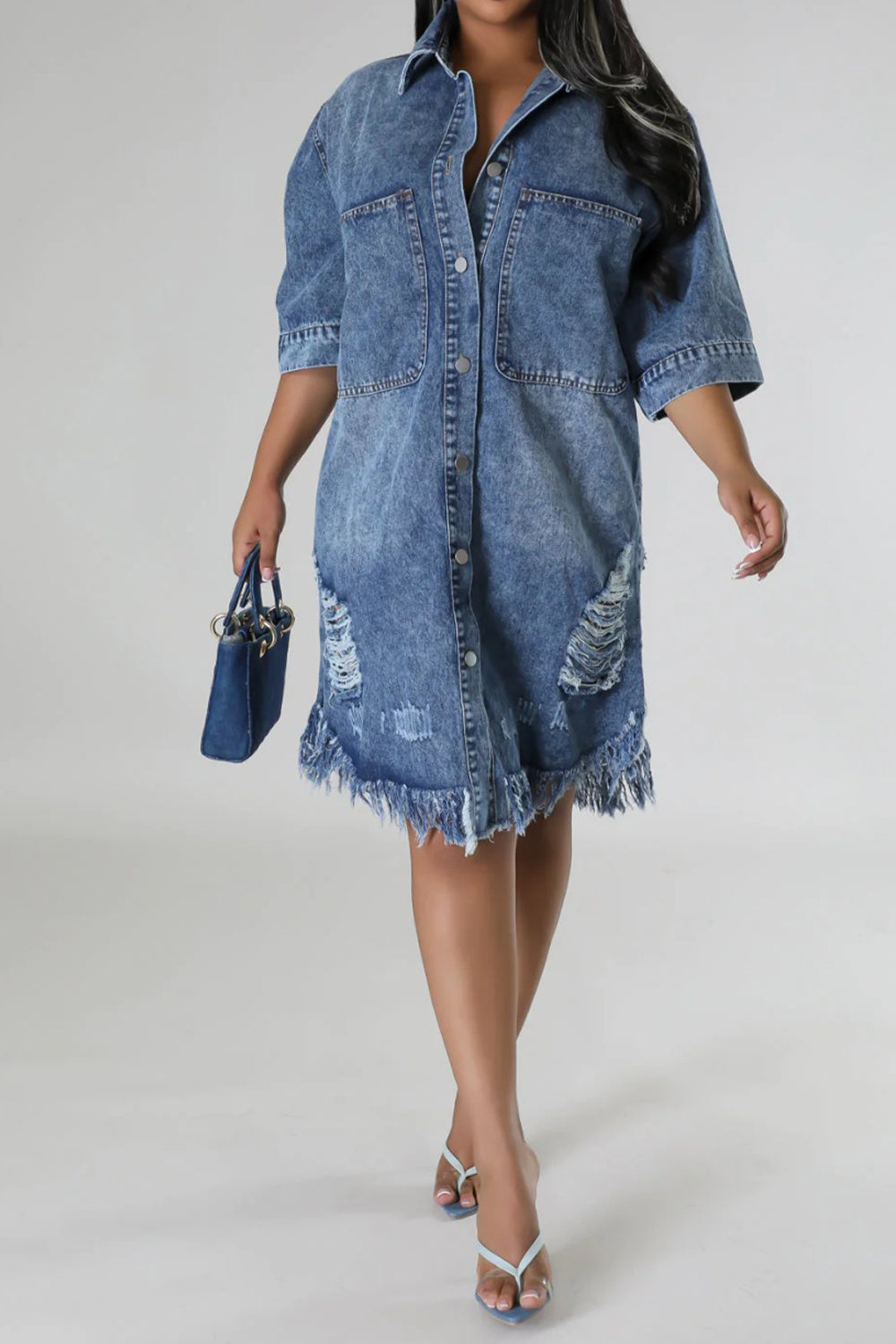 Distressed Raw Hem Button Up Denim Dress 