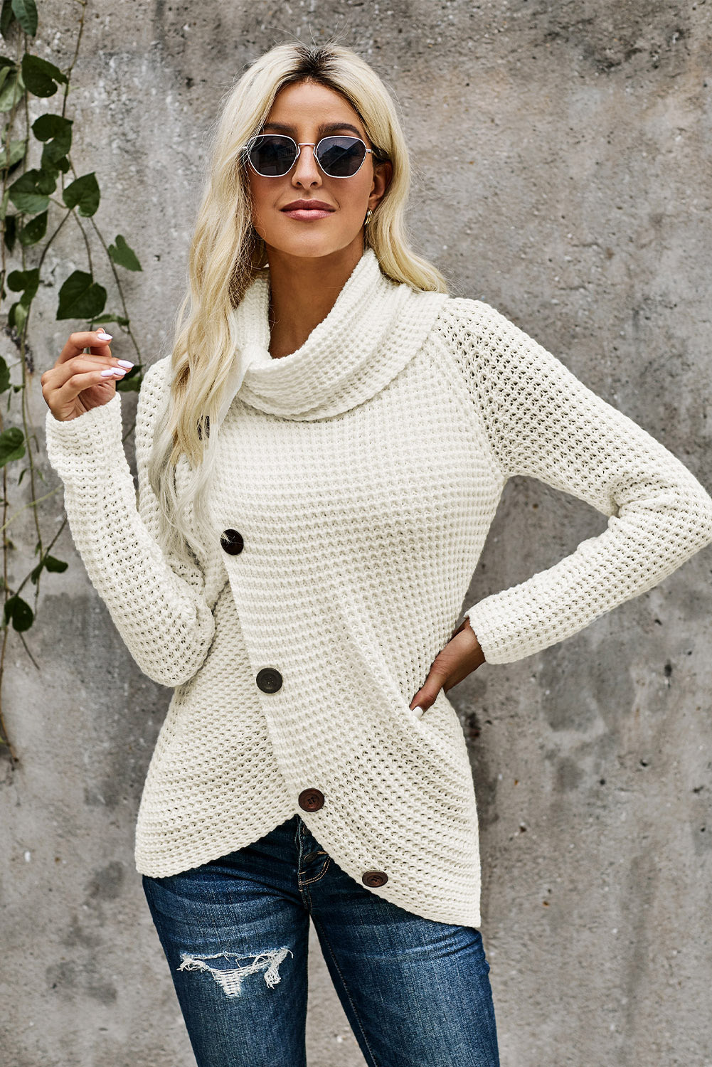 Decorative Button Mock Neck Sweater - Babbazon Tops