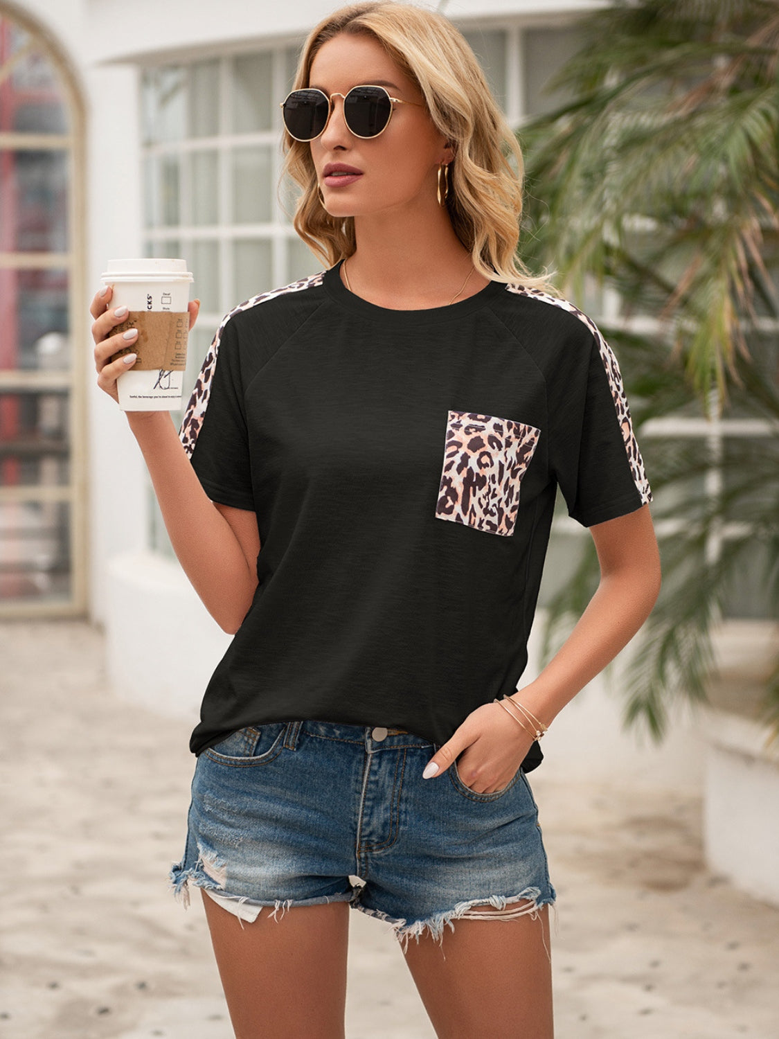 Pocketed Leopard Round Neck Short Sleeve T-Shirt