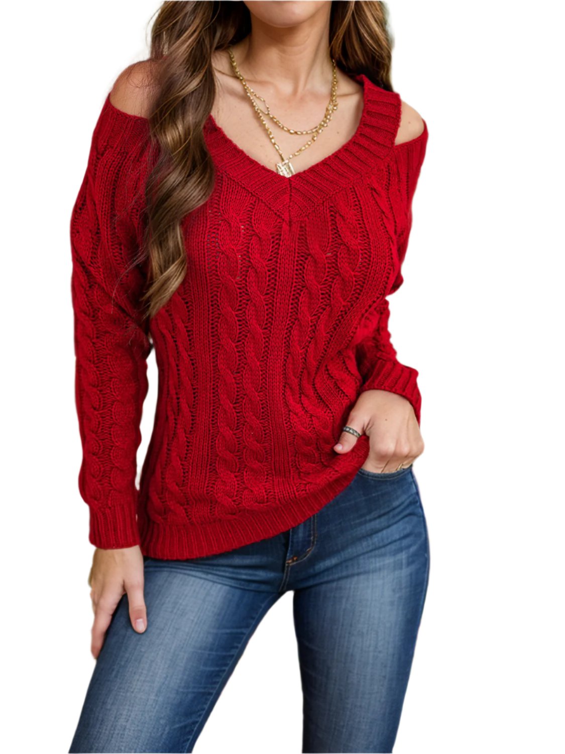 Honey Cable-Knit V-Neck Cold Shoulder Sweater