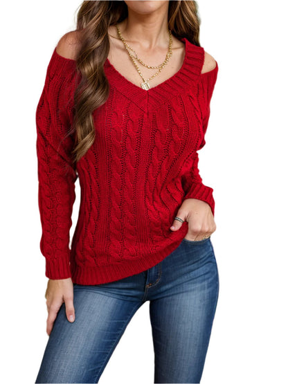 Honey Cable-Knit V-Neck Cold Shoulder Sweater