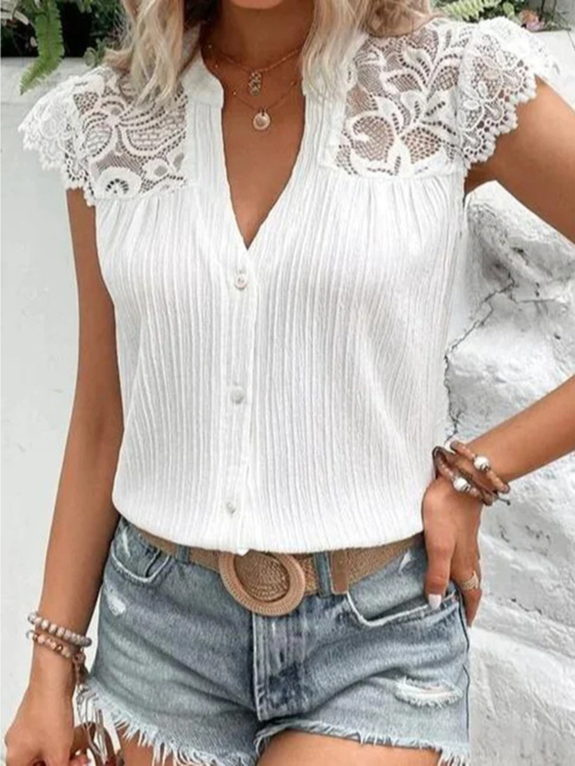 Lace Detail Notched Cap Sleeve Blouse - Babbazon New Products