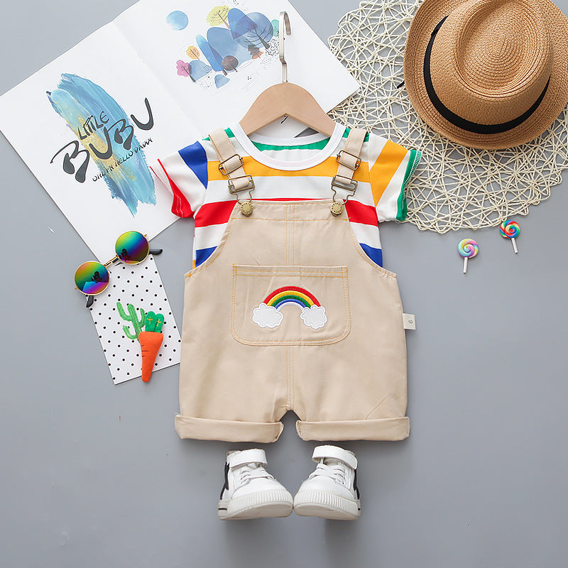 Two Large Striped Round Neck Short-Sleeved Rainbow Suspenders Shorts