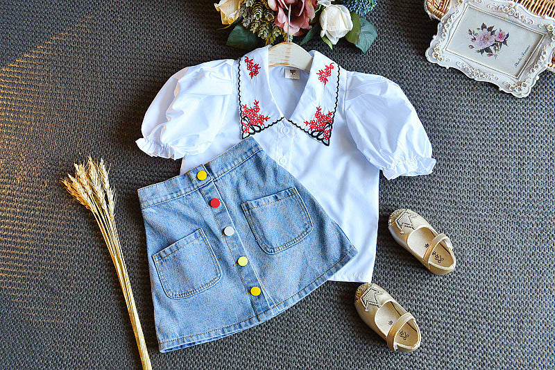 Girls Embroidery Doll Collar Bubble Short Sleeve Shirt Denim Skirt Set