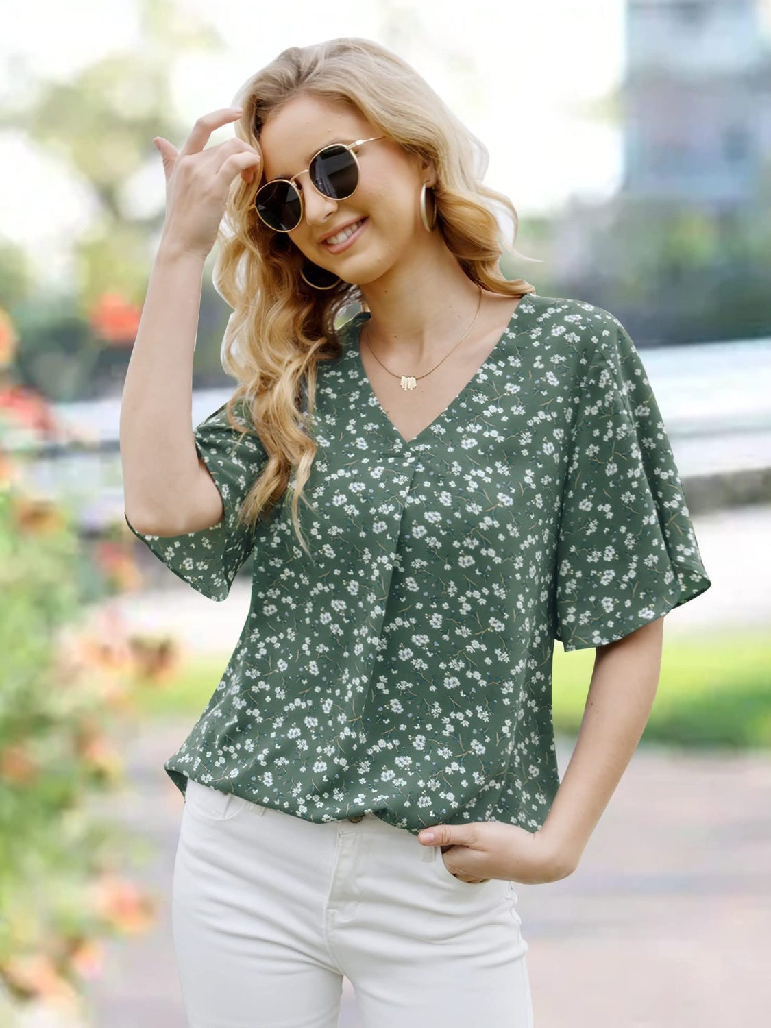 Printed V-Neck Slit Half Sleeve Blouse 