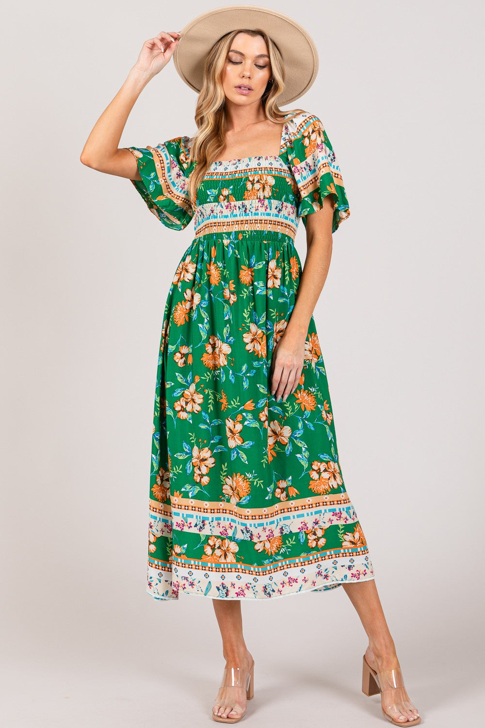 SAGE + FIG Printed Smocked Short Sleeve Midi Dress - Babbazon GREEN CLOTHING