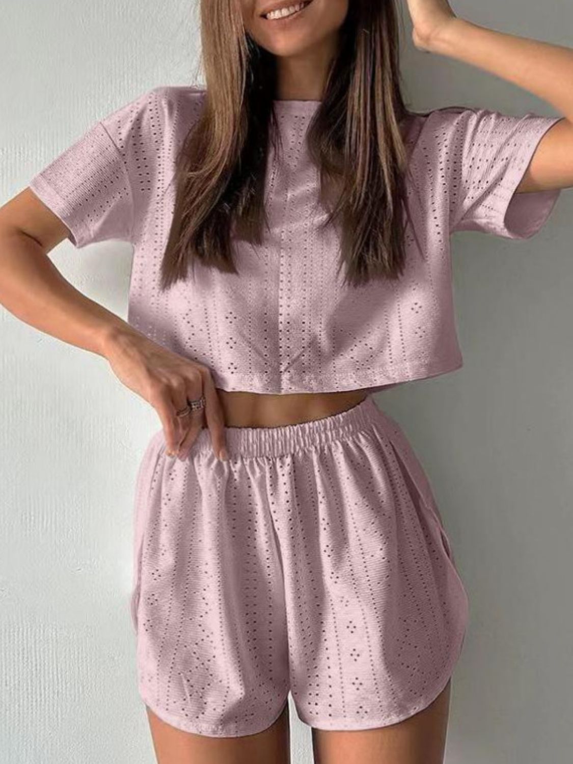 Eyelet Round Neck Top and Shorts Set - Babbazon new