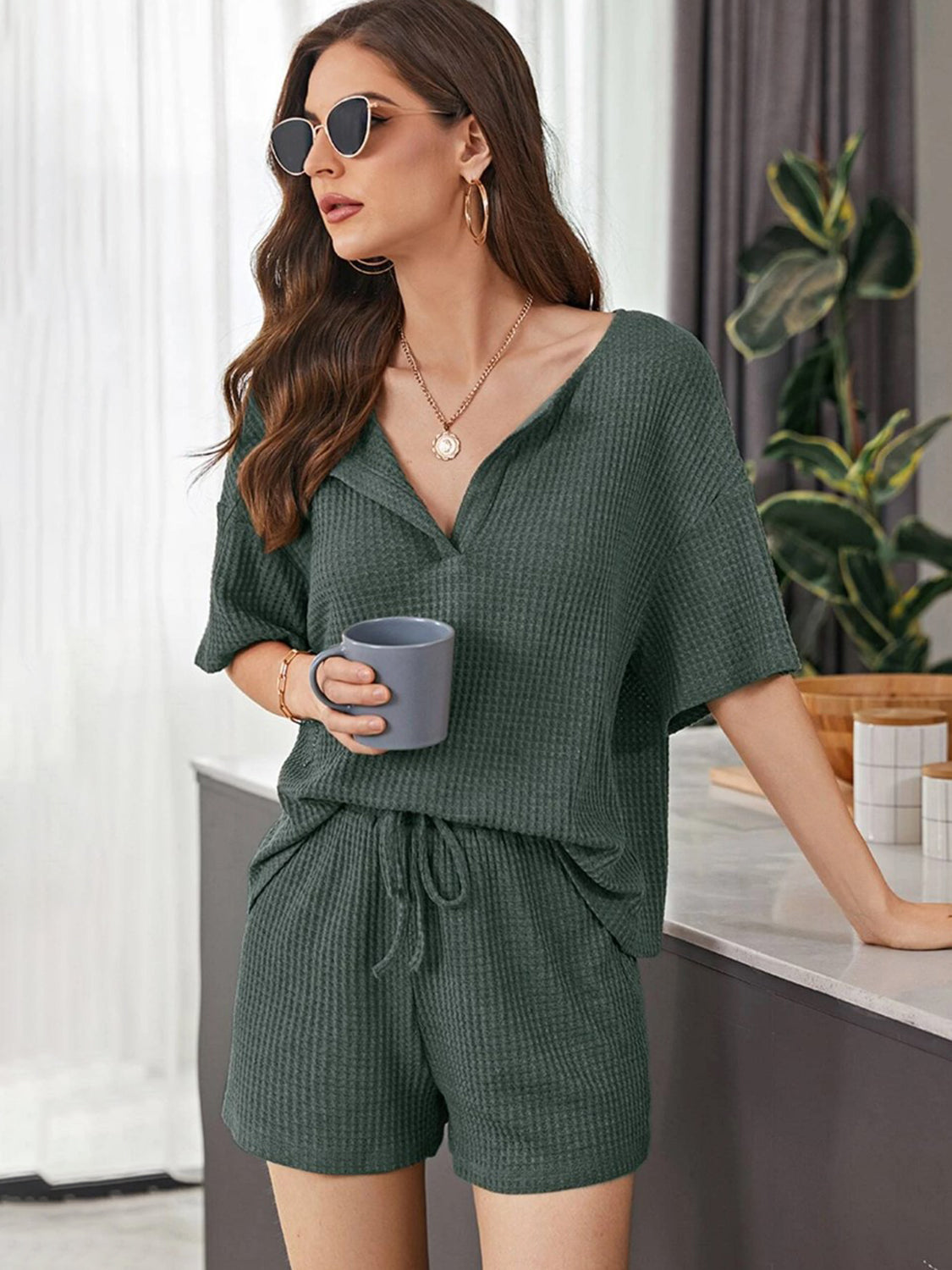 Full Size Waffle-Knit Dropped Shoulder Top and Shorts Set - Babbazon New Products