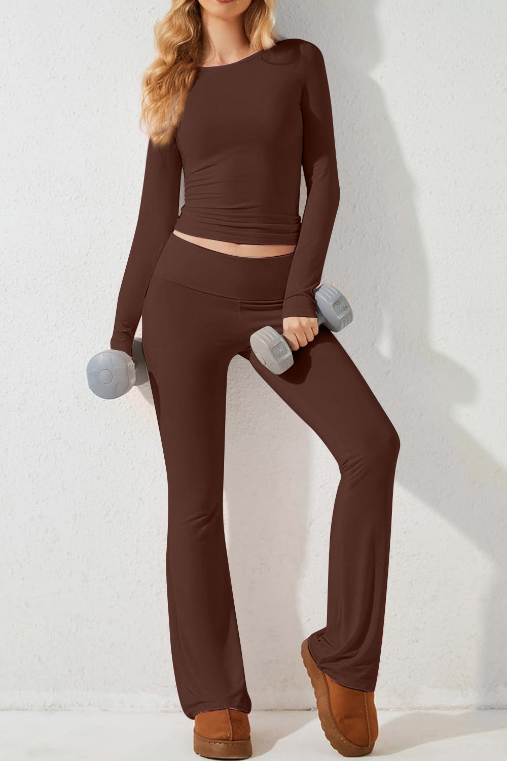 Round Neck Long Sleeve Top and Pants Set - Babbazon New Products