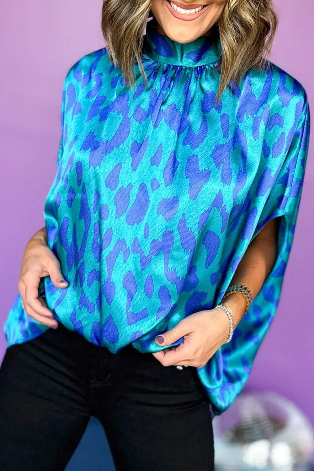 Blue Leopard Print Loose Batwing Sleeve Mock Neck Blouse - Babbazon Blouses