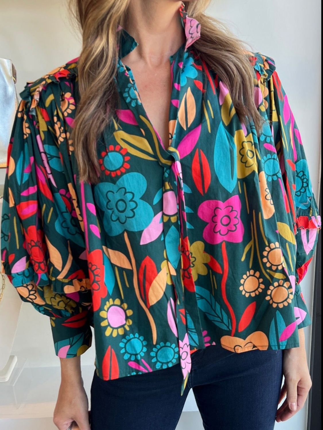 Printed Lantern Sleeve Blouse - Babbazon New Products