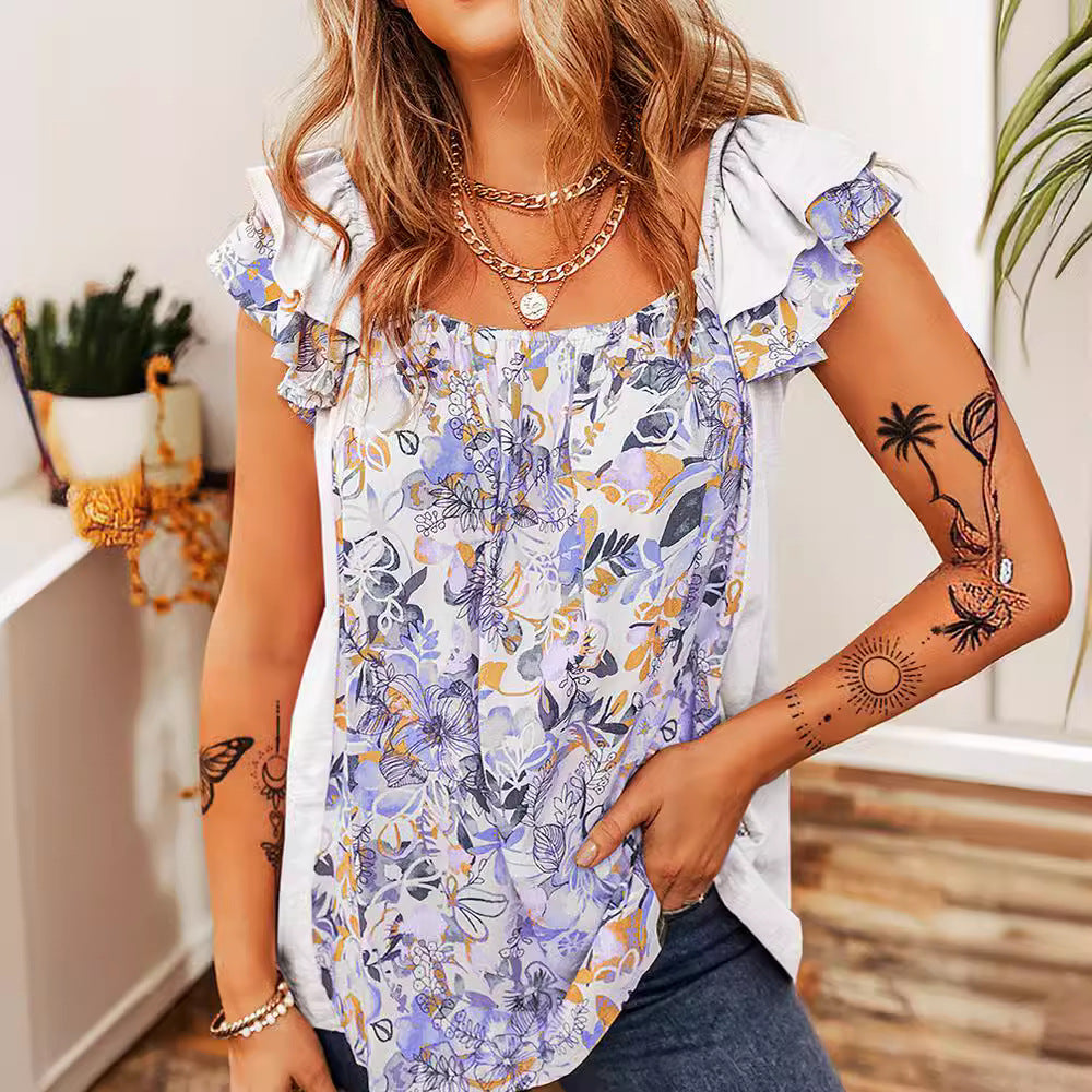 Ruffled Floral Square Neck Cap Sleeve Blouse - Babbazon New Products