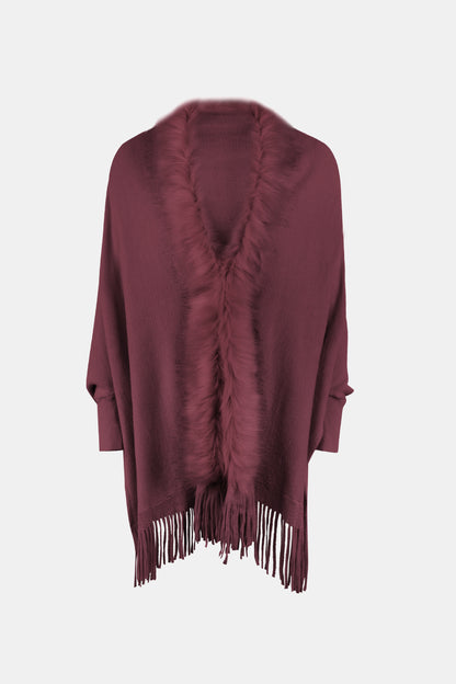 Fringe Open Front Long Sleeve Poncho 