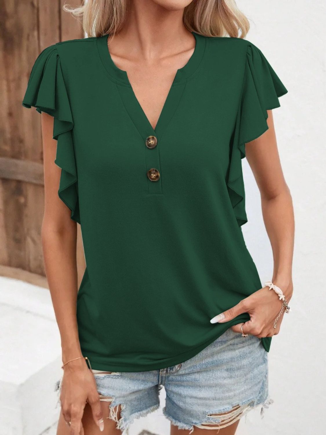 Full Size Ruffled Notched Cap Sleeve T-Shirt - Babbazon New Products