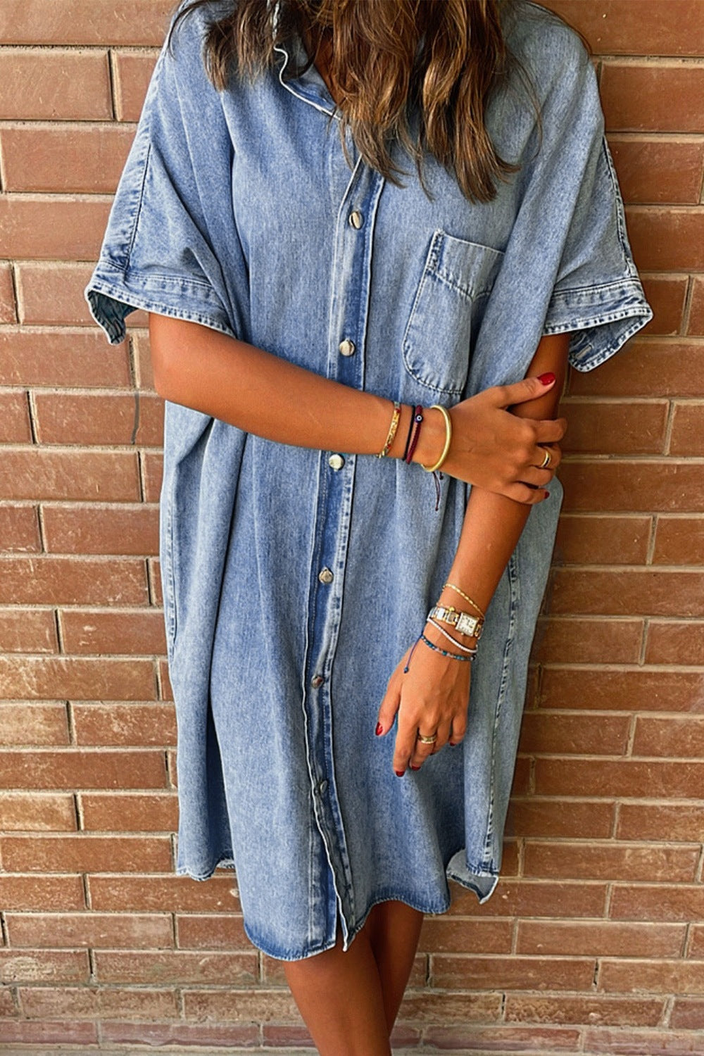 Pocketed Button Up Half Sleeve Denim Dress - Babbazon New Products