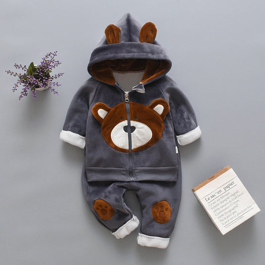 Children's Bear Hooded Two-piece Gold Velvet Set